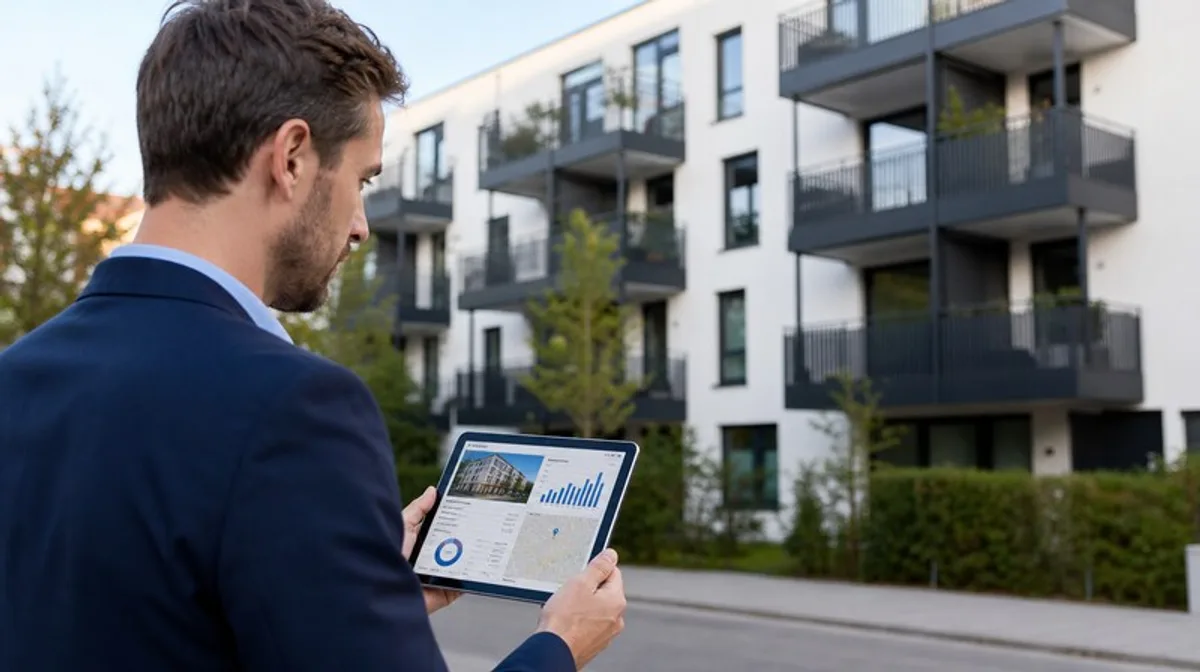 Kapitalanleger prueft Mehrfamilienhaus-Investment mit Tablet-Analyse vor Wohngebaeude